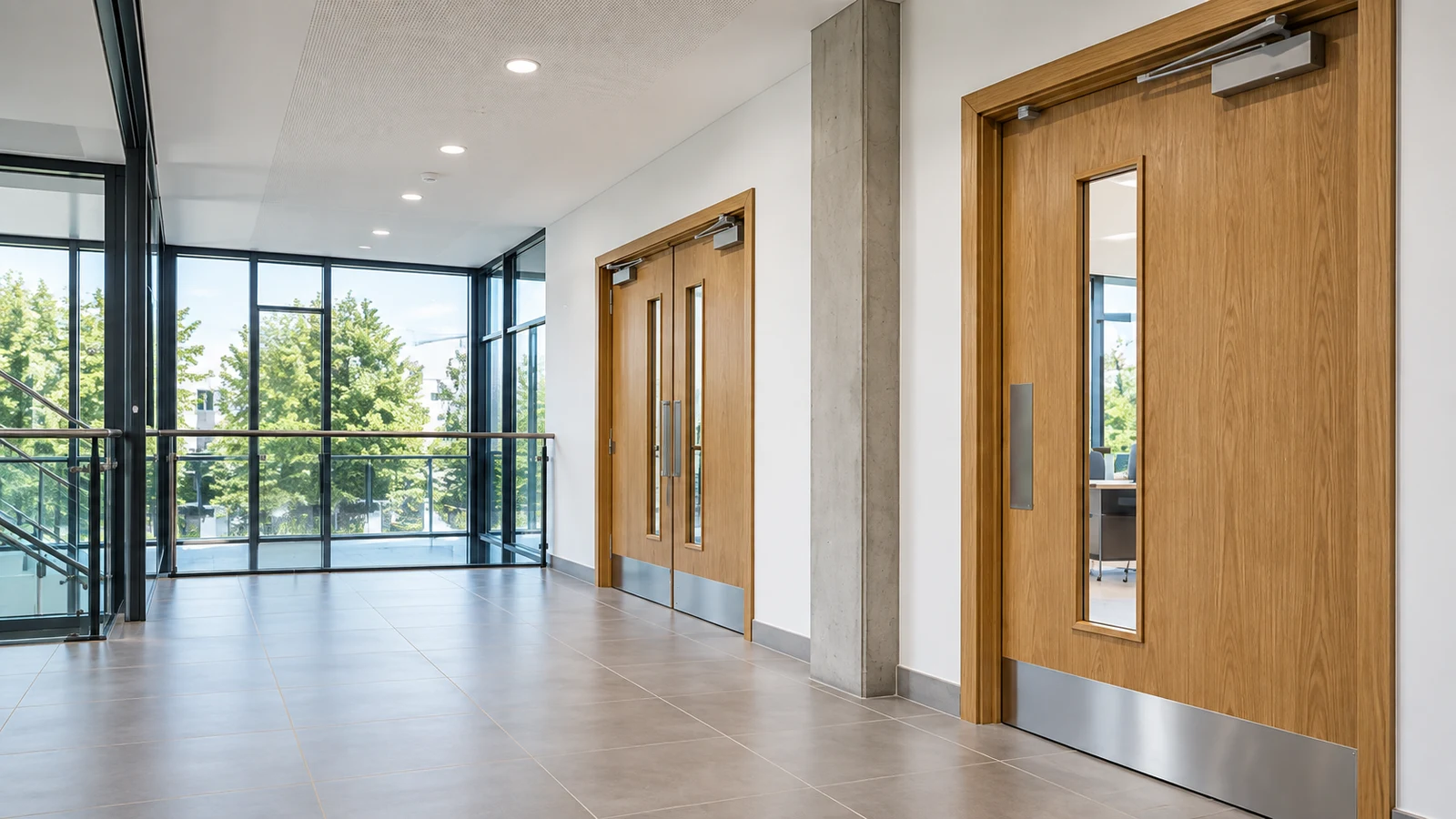 Illustrative architectural scene showing oak doors in a modern corridor